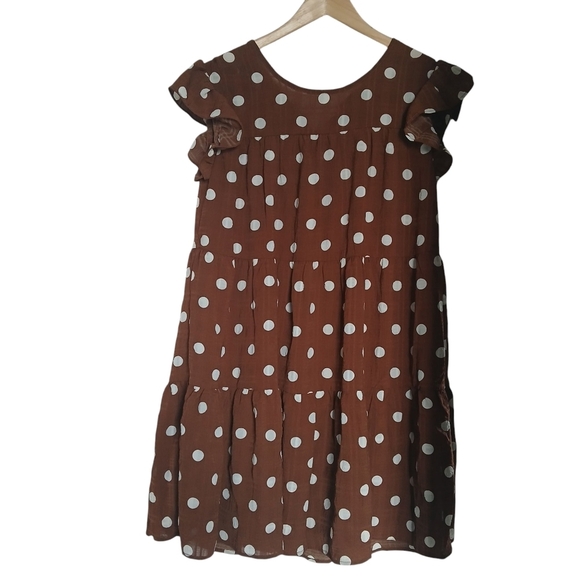 Mine Dress Chocolate Brown and White Flutter Sleeve Mini Sundress Polka Dots - Picture 7 of 12